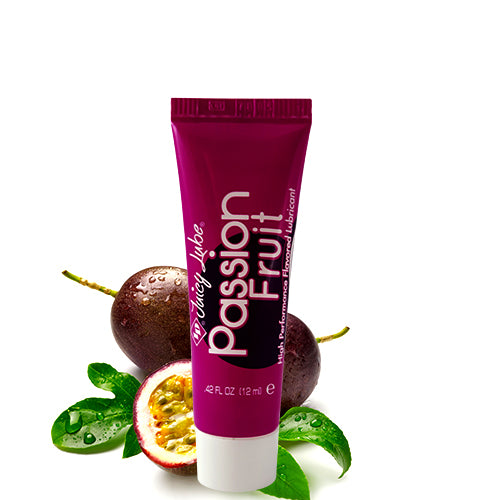 ID Juicy Passion Fruit 12ml water-based lubricant bottle with a vibrant passion fruit design.